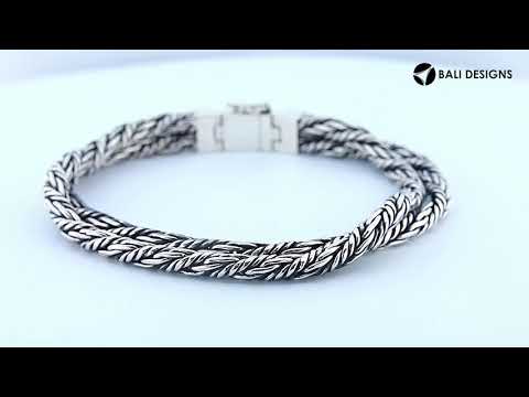 Two-view product image of a sterling silver double-braided bracelet with a rectangular Mother of Pearl inlay clasp, shown on a white background.