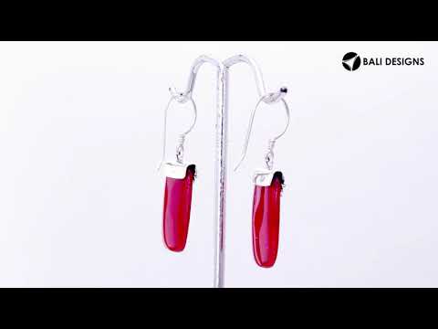 Red coral rectangular silver drop earrings