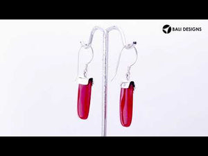 Red coral rectangular silver drop earrings
