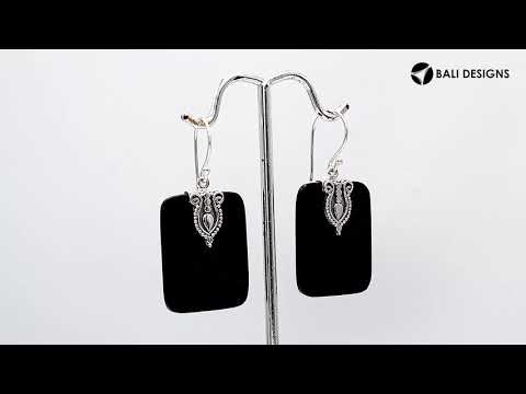 Rectangular Black Shell earrings with ornate silver top