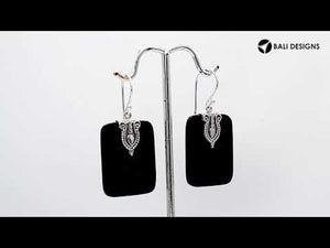 Rectangular Black Shell earrings with ornate silver top