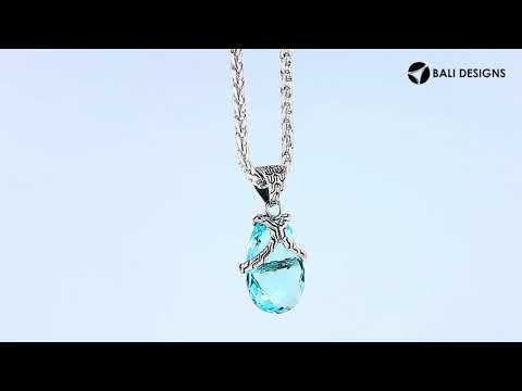 Handcrafted 925 Sterling Silver Blue Topaz Quartz pear pendant featuring a textured bail design, mirror-polished finish, and Balinese craftsmanship for wholesale jewelry buyers.