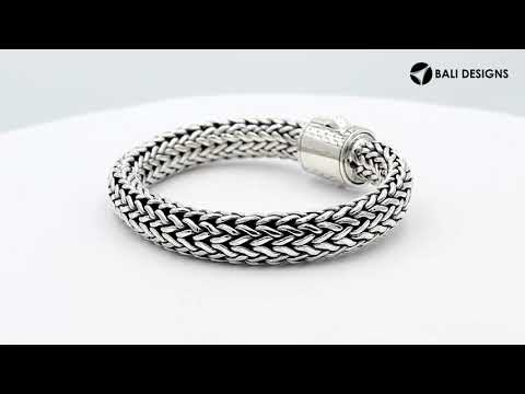 925 Sterling Silver woven bracelet with designer engraved push lock clasp handcrafted in Bali