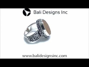 Sterling Silver Druzy Quartz Oval Balinese Engraved Luxury Statement Ring With Polished Finish.