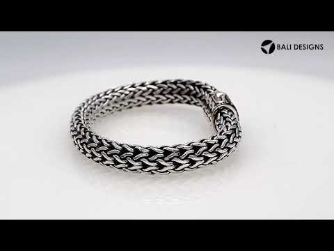 925 sterling silver woven Bali bracelet with Sapphire Quartz clasp and oxidized finish.