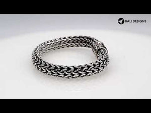 925 sterling silver woven Bali bracelet with Sapphire Quartz clasp and oxidized finish.