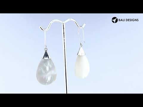 Mother Of Pearl teardrop silver earrings with dragonfly motif