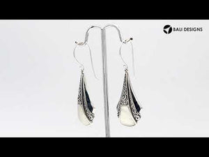 Sterling Silver Filigree Long Drop Earrings With Inlaid Mother Of Pearl