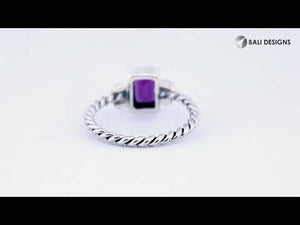 Wholesale sterling silver rope band ring with rectangular-cut Amethyst Quartz– bulk handcrafted Quartz jewelry supplier.