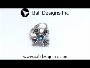 Sterling Silver Blue Topaz Quartz Cross Motif Balinese Engraved Luxury Statement Ring With Polished Finish.