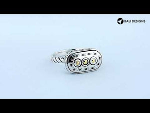 Wholesale Sterling Silver With 18K Gold Diamond Triple-Dot Oval Ring With Balinese Carvings.