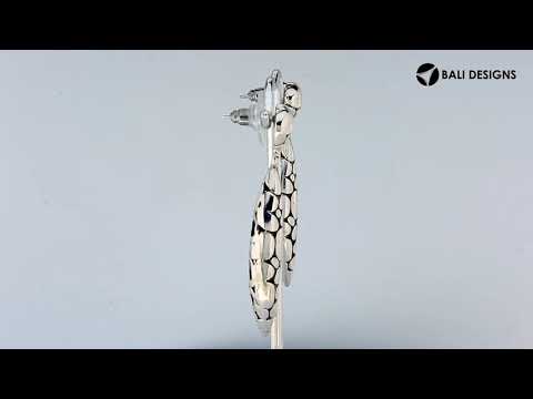 Sterling Silver Carved Elongated Tapered Dangle Earrings With Oxidized Finish