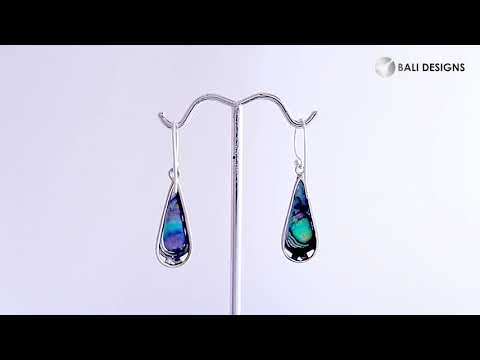 Wholesale sterling silver earrings with vibrant Abalone Shell teardrops and delicate silver scroll accents.