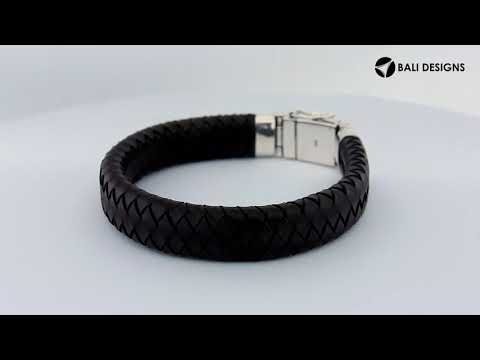 Sterling silver bracelet with black braided leather and carved box clasp for wholesale