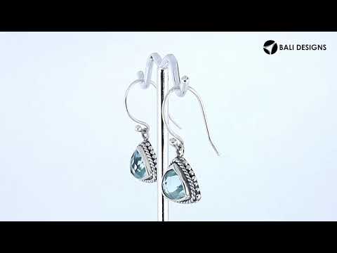 Blue Topaz Quartz triangle silver earrings with rope-pattern border
