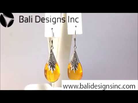 Sterling Silver Amber Teardrop Floral Pattern Drop Earrings