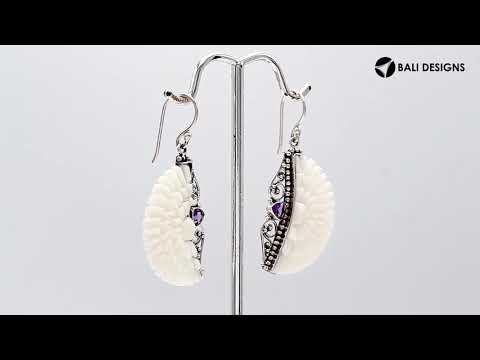 Sterling silver carved bone floral earrings with Amethyst Quartz and earwire lock