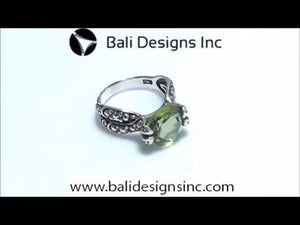 Sterling Silver Green Amethyst Quartz Round Balinese Engraved Luxury Statement Ring With Polished Finish.