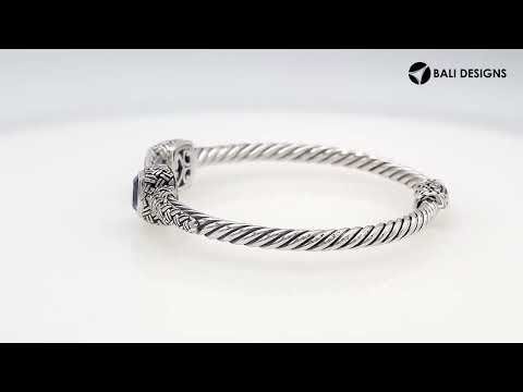 Sterling silver braided bangle with amethyst quartz ends and Balinese oxidized design