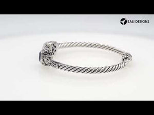 Sterling silver braided bangle with amethyst quartz ends and Balinese oxidized design