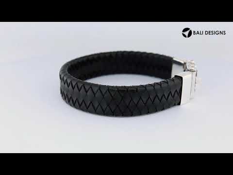 Sterling silver bracelet with black braided leather and engraved box clasp for wholesale