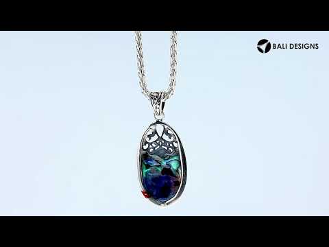 Wholesale sterling silver oval pendant with genuine abalone shell inlay and ornate Balinese filigree design, handcrafted in Bali.