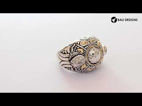 Wholesale Sterling Silver Hammered Silver Center Mandala Ring With Gold Accents And Balinese Carvings.