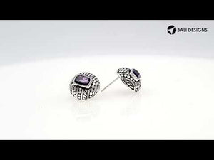 Sterling Silver Stud Earrings With Carved Dot-Stripe Details And Center Amethyst Quartz