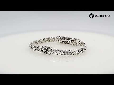 Sterling silver Byzantine chain bracelet with ornate Balinese bar design and oxidized finish