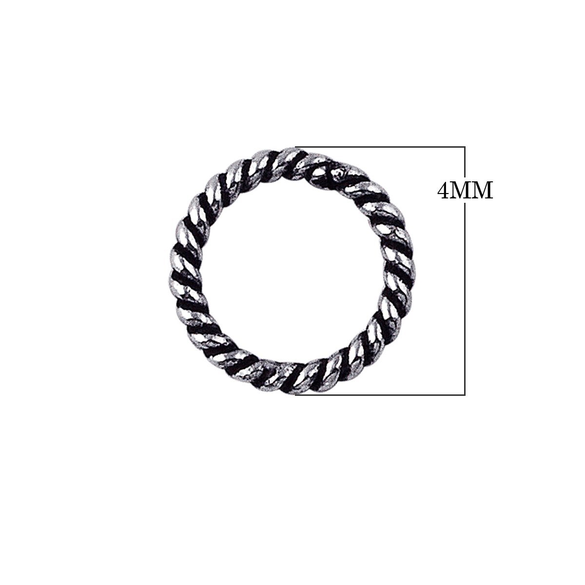 Handcrafted twisted closed jump ring in sterling silver with oxidized finish, artisan jewelry component from India.