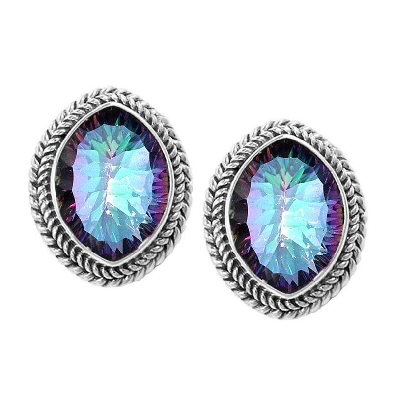 Sterling Silver Stud Earrings With Mystic Quartz Oval Stone And Rope Frame