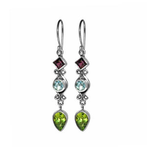 Sterling Silver Dangle Earrings With Garnet Quartz Blue Topaz Quartz And Green Quartz Stones