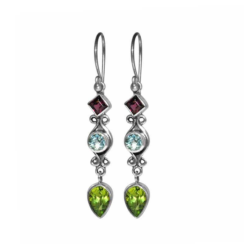 Sterling Silver Dangle Earrings With Garnet Quartz Blue Topaz Quartz And Green Quartz Stones