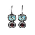 Sterling Silver Blue Topaz Quartz Garnet Quartz Dual-Drop Ornate Earrings
