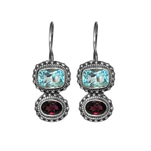Sterling Silver Blue Topaz Quartz Garnet Quartz Dual-Drop Ornate Earrings