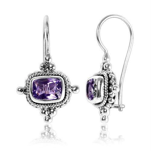 Sterling Silver Amethyst Quartz Cushion Rope-Detail Drop Earrings