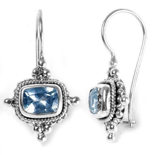 Sterling Silver Blue Topaz Quartz Cushion Rope Accent Earrings