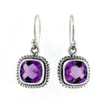 Sterling silver cushion cut amethyst quartz dangle earrings with rope frame handcrafted in Bali.