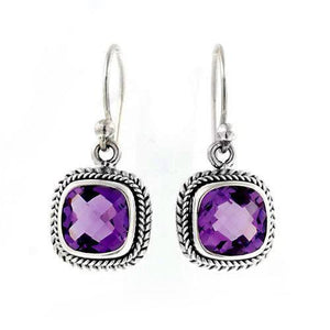 Sterling silver cushion cut amethyst quartz dangle earrings with rope frame handcrafted in Bali.