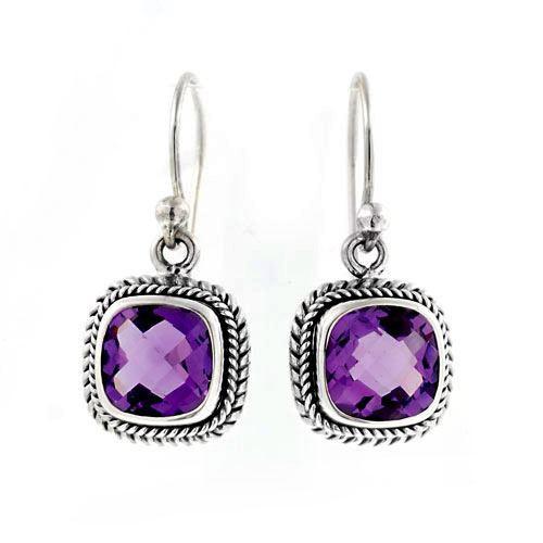 Sterling silver cushion cut amethyst quartz dangle earrings with rope frame handcrafted in Bali.