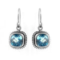 Sterling silver cushion cut blue topaz quartz dangle earrings with rope frame handcrafted in Bali.