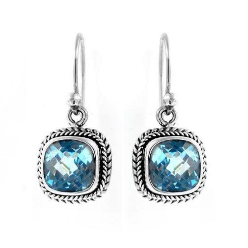 Sterling silver cushion cut blue topaz quartz dangle earrings with rope frame handcrafted in Bali.