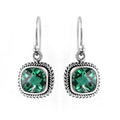Wholesale sterling silver cushion drop earrings with green quartz stones and rope-pattern border handcrafted in Bali.