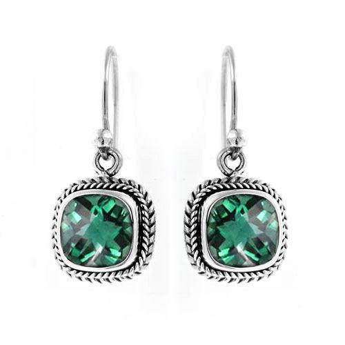 Wholesale sterling silver cushion drop earrings with green quartz stones and rope-pattern border handcrafted in Bali.