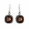 Sterling Silver Smoky Topaz Quartz Faceted Cushion Rope Frame Earrings