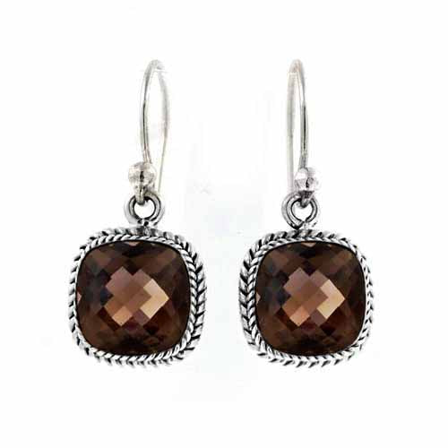 Sterling Silver Smoky Topaz Quartz Faceted Cushion Rope Frame Earrings