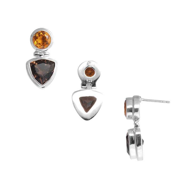 Sterling Silver Citrine Quartz Smoky Topaz Quartz Two-Stone Geometric Drop Earrings