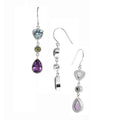 Sterling Silver Blue Topaz Quartz Peridot Quartz Amethyst Quartz Three-Stone Linear Earrings