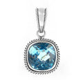 Sterling Silver Blue Topaz Quartz Faceted Cushion Rope Frame Pendant