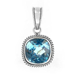 Sterling Silver Blue Topaz Quartz Faceted Cushion Rope Frame Pendant